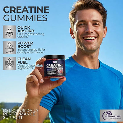 Creatine Monohydrate Gummies – Berry Flavored Creatine Supplements for Women and Men – 120Pcs Pre Workout Gummies with BCAA, Taurine, Vitamin B12 - Promote Energy Boost, Performance