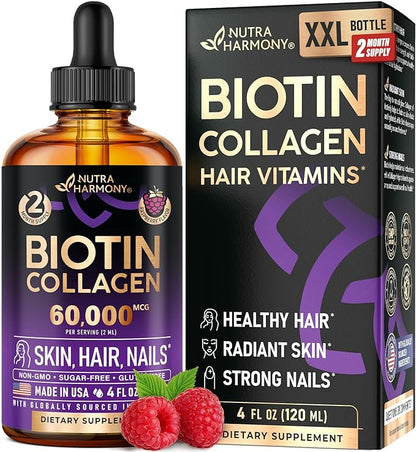 Liquid Biotin & Collagen 60,000 mcg - Vitamins for Hair Growth Support - Extra Strength Drops for Women & Men - Liquid Collagen Supplement - Strong Nails & Healthy Skin - Made in USA - 4 Fl Oz