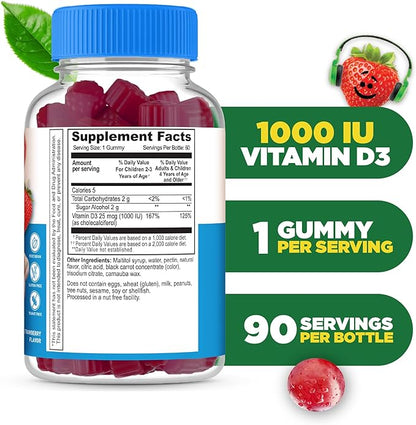 Lifeable Sugar Free Vitamin D for Kids 1000 IU – Great Tasting Natural Flavor Gummy Supplement – Gluten Free Vegetarian Chewable – for Strong and Healthy Bones, for Children, Teen, Toddler, 90 Gummies