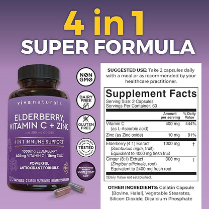 Viva Naturals Elderberry with Vitamin C and Zinc (120 Capsules) - 1000mg Sambucus Elderberry Immune Support Supplement, Black Elderberry Capsules for Adults, Elderberry Vitamins - 2 Months Supply