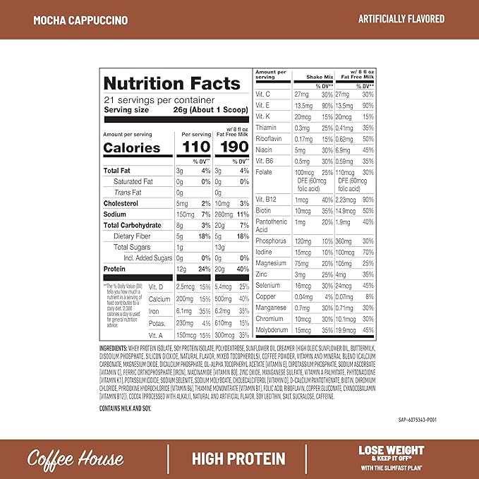 SlimFast High Protein Meal Replacement Powder, Caffeine Protein Powder, Energizing Protein Mix, Vitamin and Mineral Blend, Gluten Free, Coffee Flavored Protein Powder, Mocha Cappuccino, 21 Servings