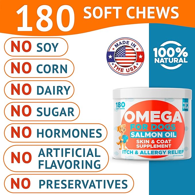 Omega 3 Fish Oil for Dogs (180Ct) - Skin&Coat Chews - Dry & Itchy Skin Relief + Allergy Support - Shiny Coat - EPA&DHA Fatty Acids - Salmon Oil Chews Promotes Heart - Peanut