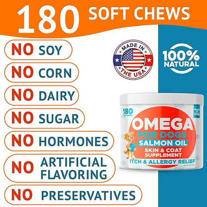Omega 3 Fish Oil for Dogs (360Ct Peanut) - Skin&Coat Chews - Dry & Itchy Skin Relief + Allergy Support - Shiny Coat - EPA&DHA Fatty Acids - Salmon Oil Chews Promotes Heart Support