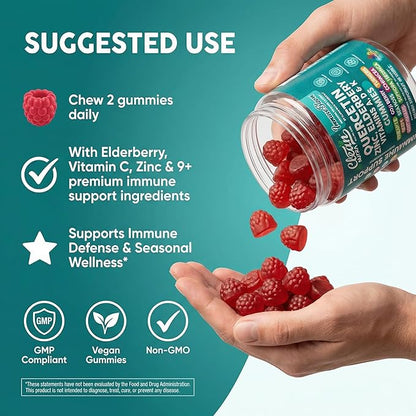 Clean Quercetin Elderberry Immune Support Gummies | Zinc Vitamin K2 D3 A Bromelain Goji Berry Turmeric Sea Moss Echinacea Astragalus Selenium Olive Leaf Immunity Supplement Gummy Vitamins
