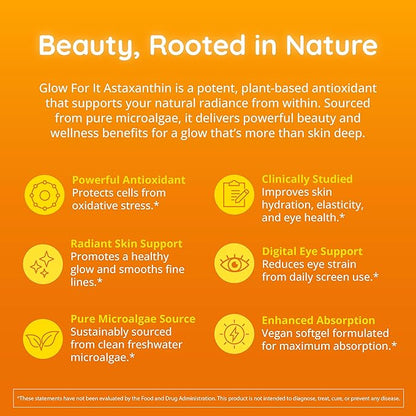 Astaxanthin Supplement 12mg | Plant-Based Antioxidant for Skin Hydration, Elasticity & Radiant Glow | From Algae Extract | Non-GMO, Vegan, Made in USA | 2 Month Supply, 60 Softgels
