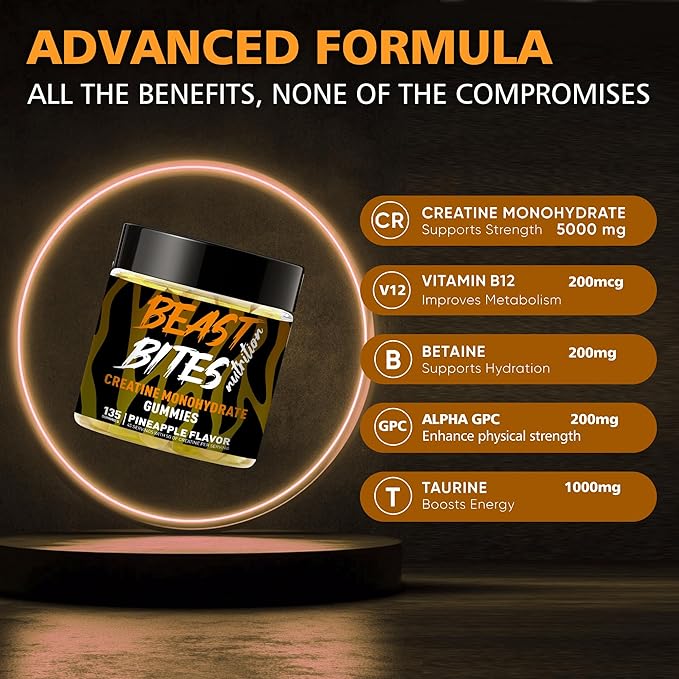 Creatine Monohydrate Gummies for Men & Women - 5g of Creatine Monohydrate per Serving - Sugar Free,Vegan, Pineapple Flavor, 135 Count (45 Servings)..