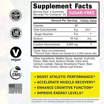 Creatine Monohydrate Gummies Sugar Free 5g - Made in USA - Pre Workout Creatine Chews for Women & Men, Creatine Gummy Candy, Chewable Nutritional Supplements, NSF Certified (Strawberry, 120 Count)