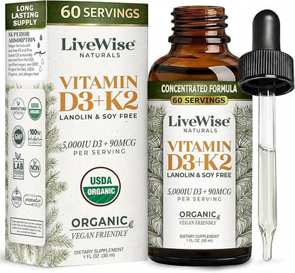Live Wise Naturals Vegan D3 K2 Vitamin 5000 IU, 90 MCG (MK-7) Drops - 60 Servings, Ultra Concentrated Formulation, and Fast Absorption - Precision Micro-Dosing Dropper for Cognitive & Immune Support