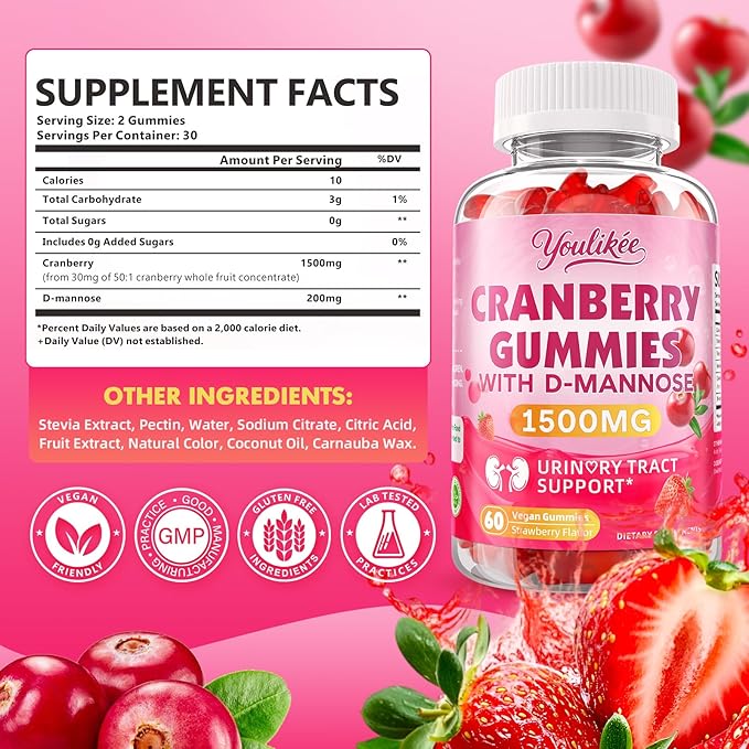 Vegan Cranberry Gummies with D Mannose - Supports Urinary Tract Health for Women & Men, Sugar-Free, Non-GMO and Gluten Free, Strawberry Flavor, 60 Count