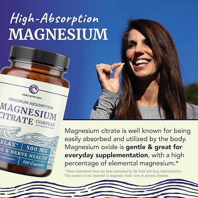 Magnesium Citrate 500 MG (120ct) for Calm & Relaxation | High Absorption Magnesium Supplement with Elemental Mag Oxide | Constipation & Digestion Support | Gluten-Free, Soy-Free | 4-Month Supply