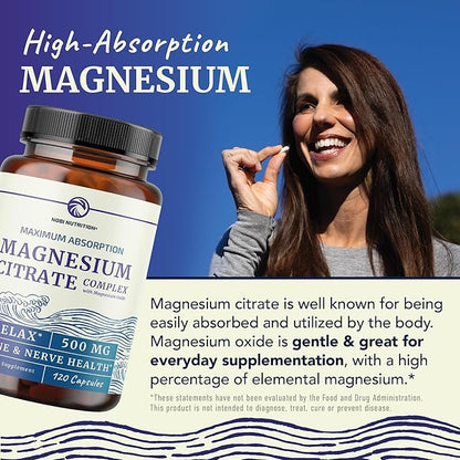 Magnesium Citrate 500 MG (120ct) for Calm & Relaxation | High Absorption Magnesium Supplement with Elemental Mag Oxide | Constipation & Digestion Support | Gluten-Free, Soy-Free | 4-Month Supply