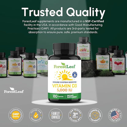 ForestLeaf Vitamin D3 5000 IU | VIT D - VIT D3 Vitamin D Supplements for Women and Men | Bone Health, Teeth and Immune Support | Easy to Swallow Pills | One Capsule Daily, 6-Month Supply, 180 Count