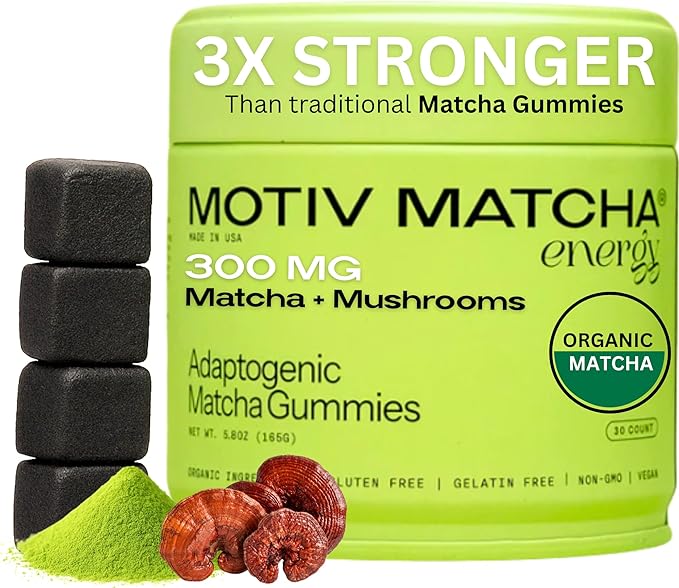 Organic Matcha & Mushroom Energy Gummies | Ceremonial Grade Matcha + Cordyceps, Reishi, Panax Ginseng & Rhodiola | Clean Sustained Energy, Focus & Stress Support | Vegan, Non-GMO
