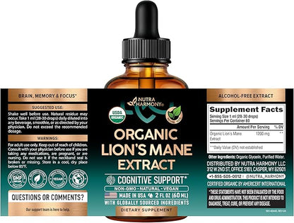 Lions Mane Liquid - USDA Certified Organic Lions Mane Supplement - Brain Support, Energy, Memory & Focus - Sugar & Alcohol-Free Lion's Mane Mushroom Extract 72,000 mg / Bottle, 2 Fl OZ, 2 Month Supply