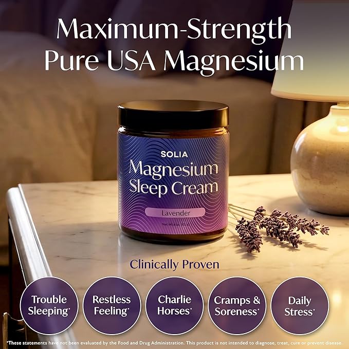 Solia Magnesium Sleep Cream, USA-Made Topical Magnesium Lotion for Sleep, Lavender Lotion for Feet, Nighttime Mag Oil Body Butter, Foot Cream, Relaxing Rub for Muscles, 4oz