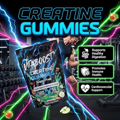 Sugar Free Creatine Monohydrate Gummies – 5g Creatine Per Serving, Sour Green Apple Flavor, Vegan, Low-Calorie, No Artificial Colors, Made in USA (120 Gummies)