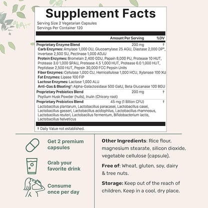 Super Enzymes with Prebiotics & Probiotics, 240 Veggie Capsules | High Potency Digestive Enzymes For Women & Men | Probiotic, Bromelain, Psyllium Husk & More | Immune & Gut Health Support