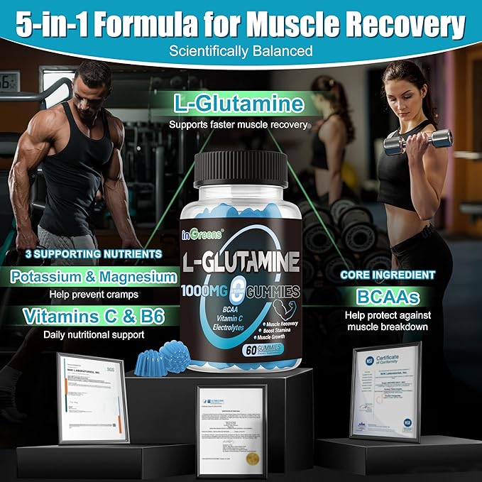 L-Glutamine Gummies 1000mg with BCAA, Potassium, Magnesium & Vitamin C, Muscle Recovery, Endurance Support & Daily Nutrition, Portable Supplement for Men＆Women, Lime Grapefruit Flavor, 240 Count