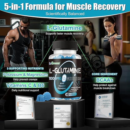 L-Glutamine Gummies 1000mg with BCAA, Potassium, Magnesium & Vitamin C, Muscle Recovery, Endurance Support & Daily Nutrition, Portable Supplement for Men＆Women, Lime Grapefruit Flavor, 240 Count