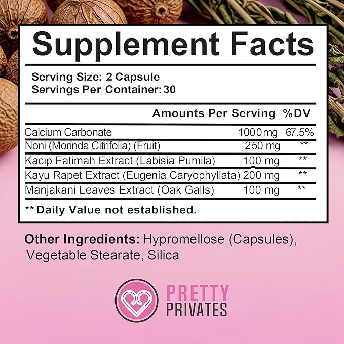 Pretty Privates Vaginal Tightening Pills for Women - Natural Intimate Health Supplement with Kacip Fatimah Manjakani & Noni Fruit - Elasticity Moisture & Wetness Support - 60 Capsules 1 Month Supply