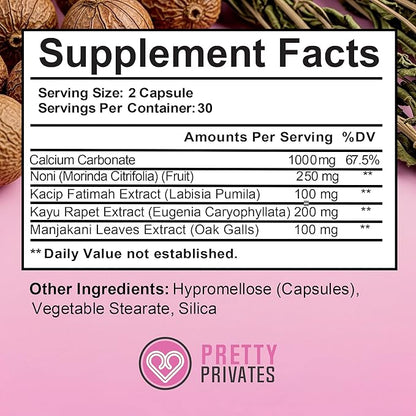 Pretty Privates Vaginal Tightening Pills for Women - Natural Intimate Health Supplement with Kacip Fatimah Manjakani & Noni Fruit - Elasticity Moisture & Wetness Support - 60 Capsules 1 Month Supply