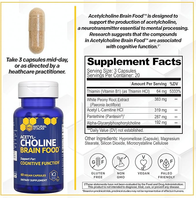 Acetylcholine Brain Food - Acetyl L-Carnitine & Alpha GPC Supplement - Supports Production of Acetylcholine - Neurotransmitter Supplement for Cognitive Function - 60 Capsules (Pack of 2)
