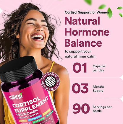 WIXAR Cortisol Supplements for Women with Ashwagandha, Magnesium, L-Theanine, Rhodiola Rosea - for High Cortisol Balanace Manager - for Sleep Support, Mood & Focus Supplement - 90 Capsules