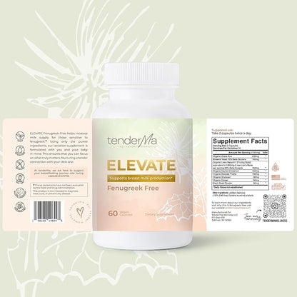 Lactation Supplement Elevate Fenugreek-Free with Organic Goat’s Rue and Lion’s Mane, Blessed Thistle & Brewer’s Yeast, Vegan, Non-GMO, Herbal Breastfeeding Support, 60 Capsules