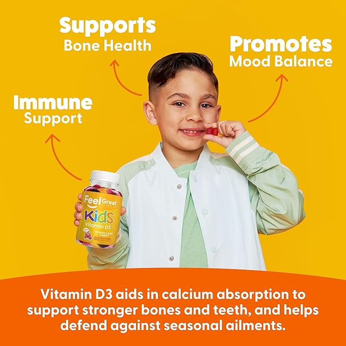 Feel Great Kids Vitamin D3 1000 IU | Kids Vitamin D Gummies for Healthy Bones, Mood, & Immune Support | Citrus Flavored Vegetarian D3 Gummies | 90 Day Supply