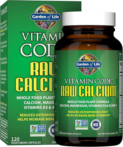 Garden of Life Raw Calcium Supplement for Women and Men - Vitamin Code Made from Whole Foods with Magnesium, K2, Vitamin D3 and Vitamin C plus Probiotics for Digestion, 120 Capsules