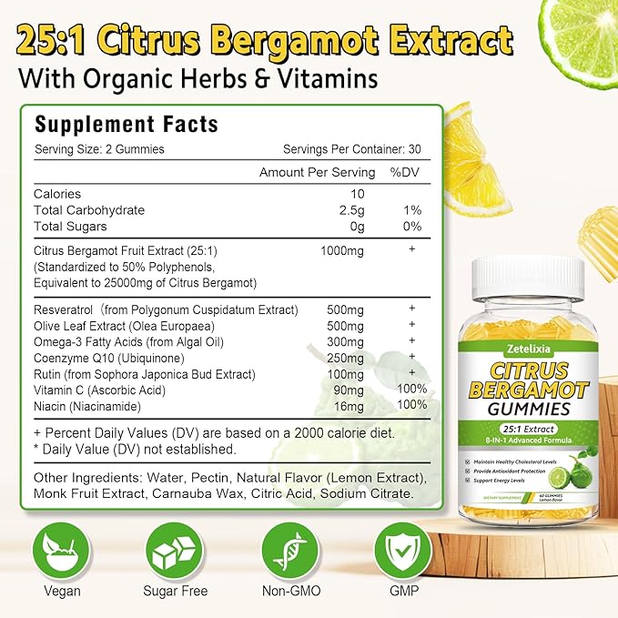 2 Pack Citrus Bergamot Gummies, Citrus Bergamot Supplement for High Cholesterol, Cholesterol Lowering Supplement for Heart, Immune System & Healthy Aging Support, Sugar Free, Lemon Flavor, 120 Cts