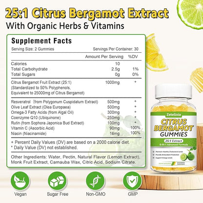 Citrus Bergamot Gummies, Citrus Bergamot Supplement for High Cholesterol, Cholesterol Lowering Supplement for Heart, Immune System & Healthy Aging Support, Sugar Free, Vegan, Lemon Flavor, 60 Count