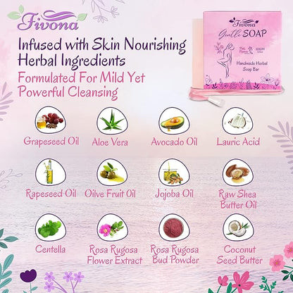 FIVONA Yoni Soap Herbal Bar 5.3oz for Gentle Feminine Intimate Wash and Whole Body All-Natural Handmade Includes Exfoliating Scrubber Foaming Net - Natural Detox and Vagi Cleansing