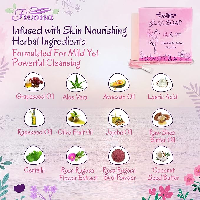 FIVONA Set of 5 Gentle Pink Yoni Herbal Soap Bars Ideal for Feminine Wash and Whole Body Cleanse Infused with Natural Ingredients - 5x 5.3 oz - Includes Exfoliating Scrubber Foaming Net