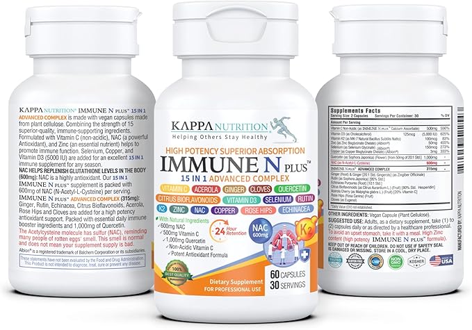 (60 Capsules), NAC 600mg, Quercetin 1,000mg, Vitamin C 500mg, Zinc 50mg, Vitamin D3 5,000iu, Selenium, Copper, Acerola, Ginger, Rutin, Citrus Bioflavonoids, Rose Hips, Echinacea, Immune N Plus 15 in 1