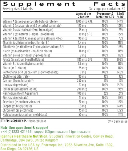 Igennus Methylated Prenatal Multivitamin for Women, Folate for MTHFR, High Absorption, Pure & Clean, Gentle Iron, Choline, Calcium & Magnesium, Vegan Pregnancy Vitamins, Halal, Non-GMO, 60 Tablets x 6
