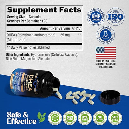 DHEA 25mg - Micronized DHEA Supplement for Women & Men - Clinically Proven Strength & Bioavailable - Healthy Aging, Hormone Balance & Energy Level Support - Vegan & NON-GMO - Made in USA, 120 Capsules