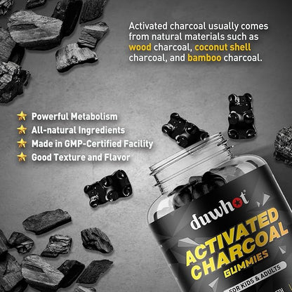 Activated Charcoal Gummies for Kids, 500mg Chewable Activated Charcoal Supplement for Gas Relief, Detox, Digestive and Oral Health, Vegan Blueberry Flavor, 60 Count