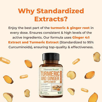 Turmeric Curcumin Supplement with Ginger Root for Joint Support, Digestive & Gut Health - Contains Organic Turmeric Curcumin with Black Pepper (Bioperine) for Enhanced Absorption - 60 Capsules