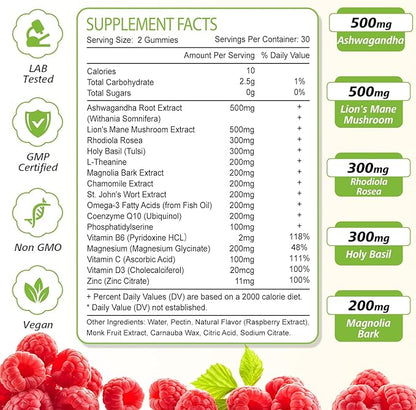 Cortisol Gummies for Women, 16-in-1 Sugar Free Cortisol Supplements for Women with Ashwagandha, Rhodiola Rosea, Magnesium, L-theanine for Relaxation, Zzz, Cognition, Raspberry Flavor, 120Ct