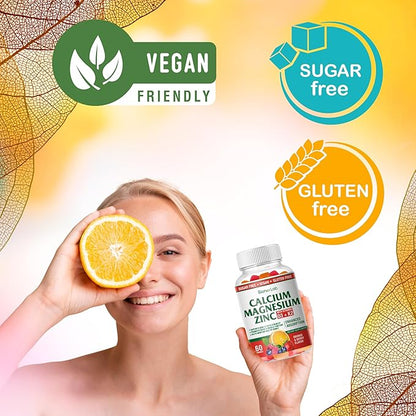 BionerLab Calcium Magnesium Zinc Gummies with Vitamin D3 & K2 - High Potency Enhanced Absorption - Orange and Berry Flavored