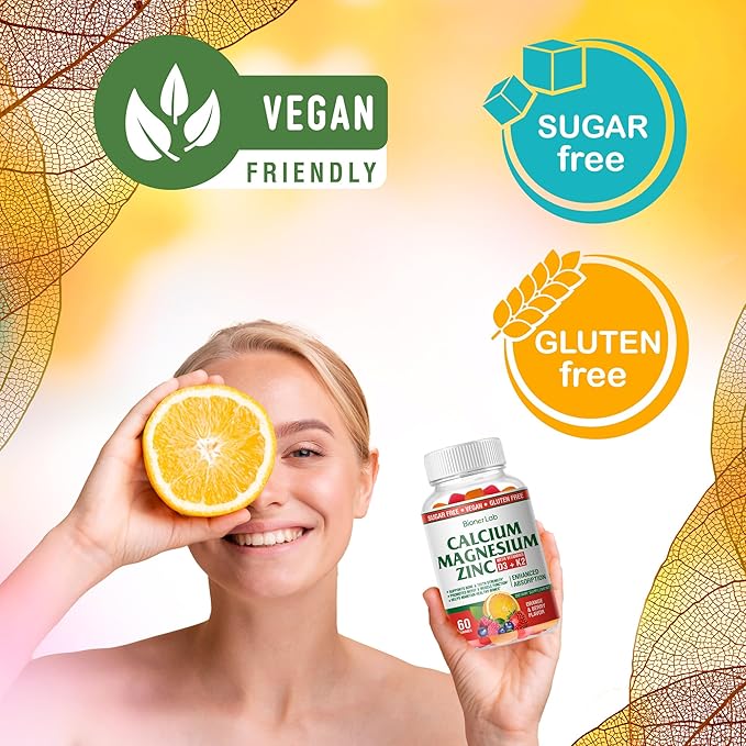 BionerLab Calcium Magnesium Zinc Gummies with Vitamin D3 & K2 - High Potency Enhanced Absorption - Orange and Berry Flavored