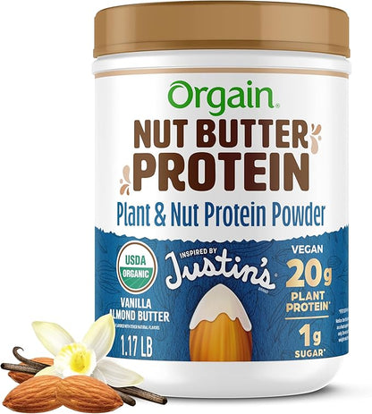 Orgain X Justin's ® Organic Vegan Nut Butter Protein Powder, Vanilla Almond Butter- 20g Plant Protein, 1g Sugar, Gluten Free, No Dairy, Soy Ingredients, or Artificial Flavors, 1.17 lb