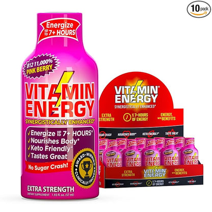 Vitamin Energy B12 11,000% Extra Strength Energy Shot Pink Berry 10 Pack, 260mg Natural Caffeine, B12 & B6, Nootropic Focus, Vitality, Zero Sugar, Gluten-Free, Vegan, Kosher, 1.93 fl oz