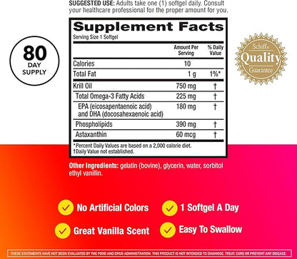 MegaRed Antarctic Krill Oil 750mg, Omega 3 Fatty Acid Supplement, Ultra Concentrate EPA & DHA Softgels, Antioxidant Astaxanthin, Heart Health Supplement with No Fish Oil Aftertaste, 80ct