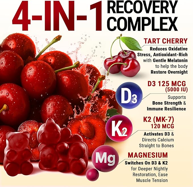 KEY ELEMENTS Recovery Tart Cherry Gummies with Vitamin D3 K2 5000 IU & Magnesium - Vitamin D3 K2 Gummies for Sleep, Bone & Immune Support - Non-GMO, Gluten-Free, Sugar-Free