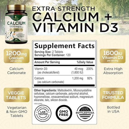 Calcium 1200 mg with Vitamin D3 Per Serving - Bone Health Supplement, Vitamin D & Calcium Supplements for Women & Men - Bone, Teeth & Immune Support, Nature's Calcium Pills, USA Bottled - 240 Tablets
