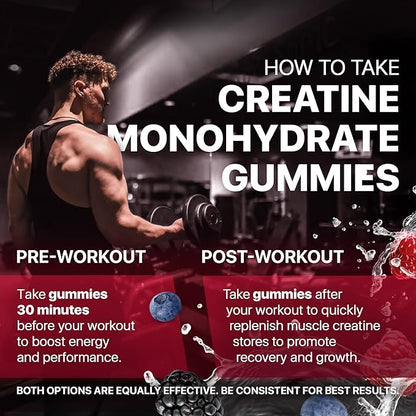 Creatine Monohydrate Gummies 5000 mg – Vegan, Sugar-Free Pre Workout Creatine for Men & Women – Raspberry & BlackBerry Flavored Chewable Creatine Monohydrate, 120 Gummies (30-Day Supply)