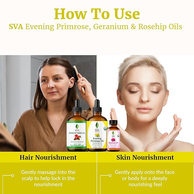 SVA Evening Primrose, Geranium, and Rosehip Oil 4 oz Bundle Super Saver Combo – Premium Grade Bundle Set for Hair Oiling, Scalp Massage, Hair Care, Face, Skin Care and Body Massage