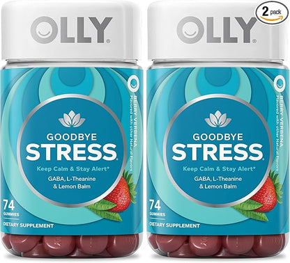 OLLY Goodbye Stress Gummy,GABA,L-Theanine,Lemon Balm,Stress Relief Supplement,Berry -,74 Count (Pack of 2)